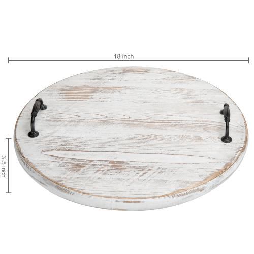 Vintage Whitewashed Wood Lazy Susan Turntable with Handles