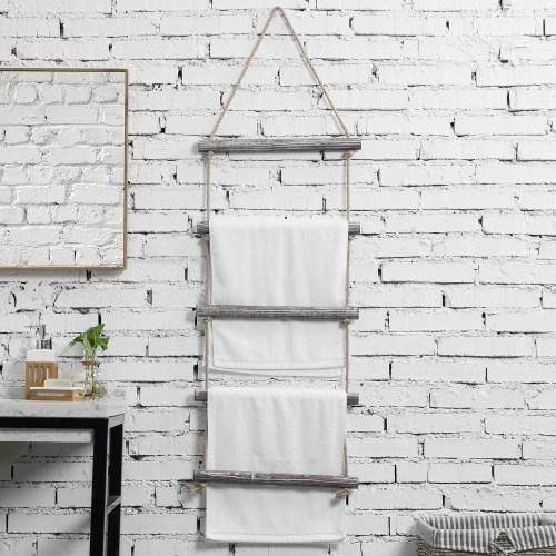 Wall Hanging Rustic Torched Wood and Rope Ladder Towel Rack with 5 Rungs