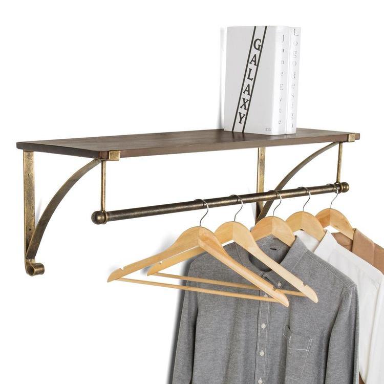 Wall Mounted Antique Bronze-Tone Metal & Wood Floating Shelf w/ Garment Rod