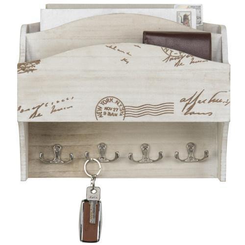 Wall Mounted Beige Wood Mail Sorter with Key Hooks - MyGift