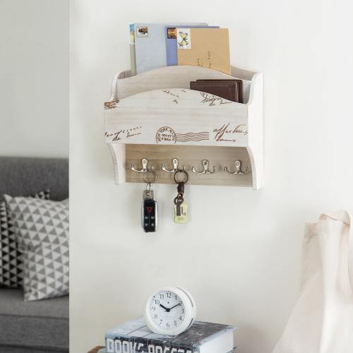 Wall Mounted Beige Wood Mail Sorter with Key Hooks