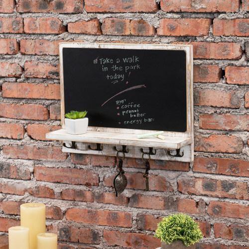 Wall Mounted Chalkboard w/ Shelf and Hooks, Whitewashed