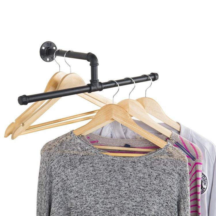 Wall-Mounted T-Bar Industrial Pipe Hanging Clothing Rack, Black