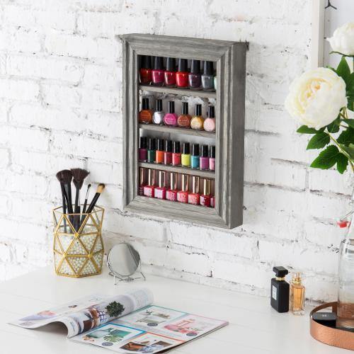 Wall-Mounted Vintage Gray Wood Nail Polish & Essential Oil Rack