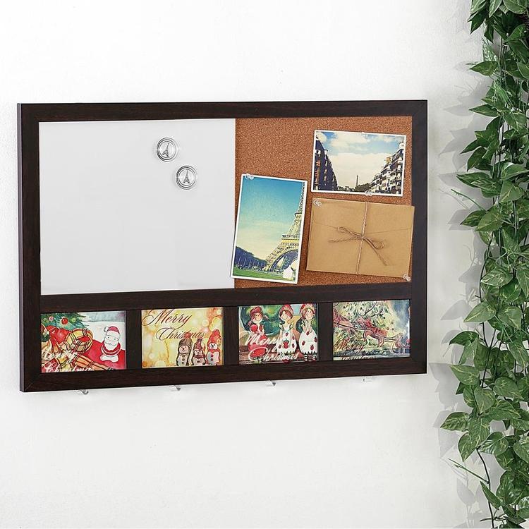 Wall-Mounted Wood Whiteboard / Cork Board w/ 4 Key Hooks & 4 Picture Frame Slots - MyGift Enterprise LLC
