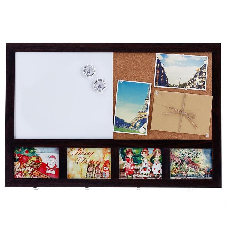Wall-Mounted Wood Cork Board w/ Key Hooks & Picture Frame Slots