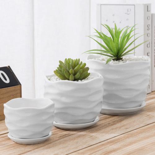 Wave Textured White Ceramic Planters with Saucers, Set of 3
