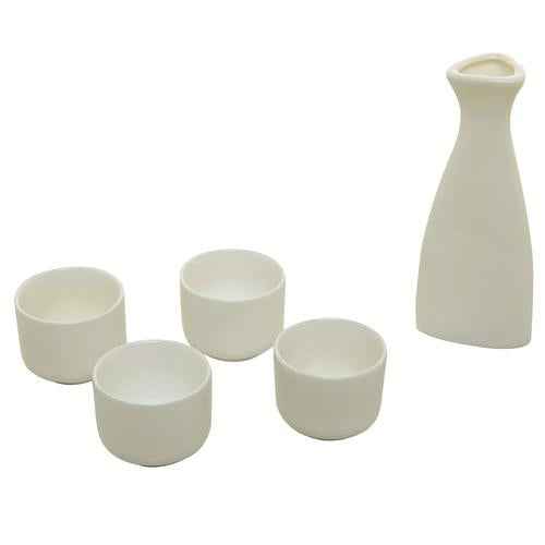 White Ceramic Sake Serving Carafe and 4 Cups - Traditional Japanese Style 5 Piece Gift Set - MyGift Enterprise LLC