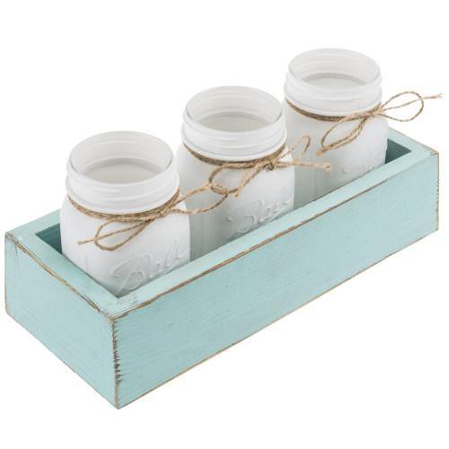 White Glass Mason Jars in Vintage Aqua Blue Wood Box Tray - MyGift