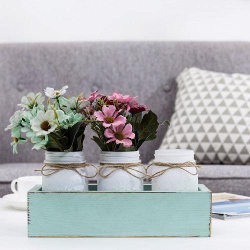 White Glass Mason Jars in Vintage Aqua Blue Wood Box Tray - MyGift