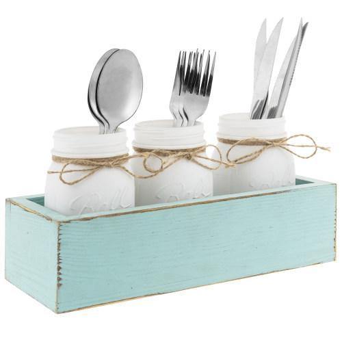 White Glass Mason Jars in Vintage Aqua Blue Wood Box Tray - MyGift