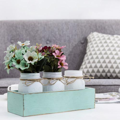 White Glass Mason Jars in Vintage Aqua Blue Wood Box Tray - MyGift