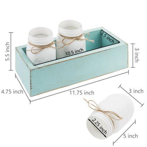 White Glass Mason Jars in Vintage Aqua Blue Wood Box Tray - MyGift