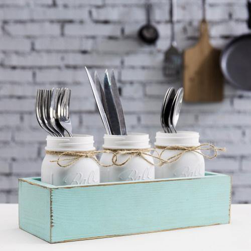 White Glass Mason Jars in Vintage Aqua Blue Wood Box Tray – MyGift