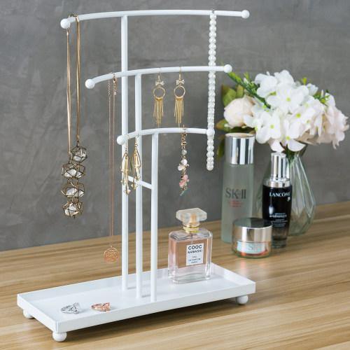 White Metal Curved T-Bar Jewelry Stand with Ring Tray - MyGift