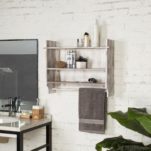 MyGift Wall Mounted Torched Wood Bathroom Shelf Organizer, 2 Tier Display Rack with Hanging Towel Bar