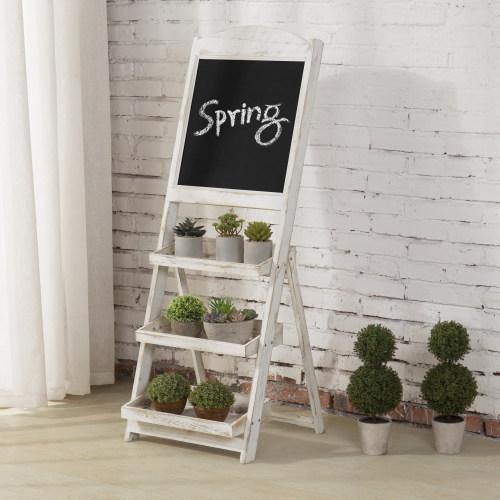Whitewashed Wood Chalkboard Easel with 3 Display Shelves