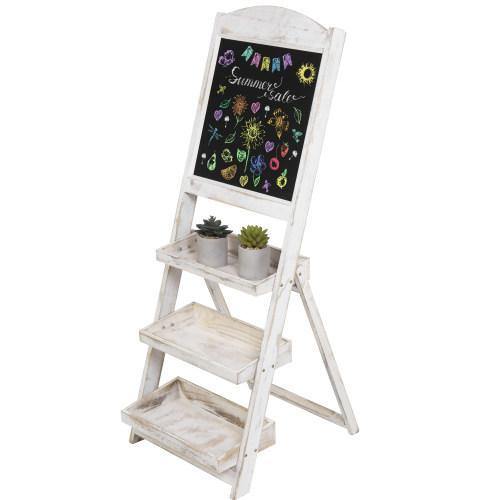 Whitewashed Wood Chalkboard Easel with 3 Display Shelves - MyGift