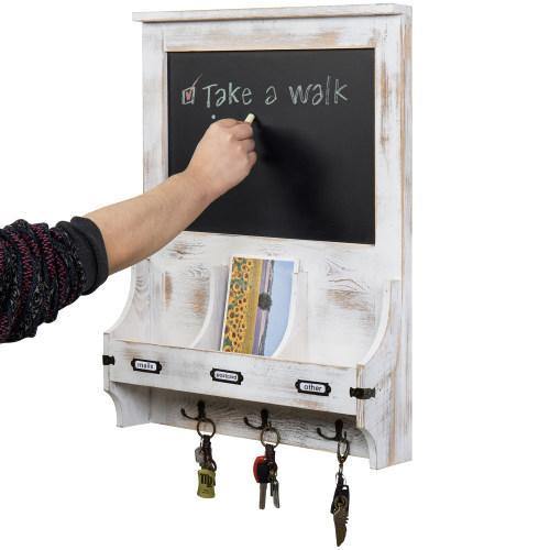 Whitewashed Wood Entryway Organizer with Chalkboard & Key Hooks - MyGift