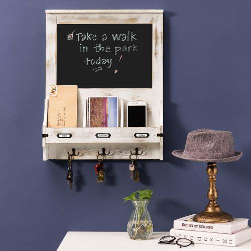 Whitewashed Wood Entryway Organizer with Chalkboard & Key Hooks