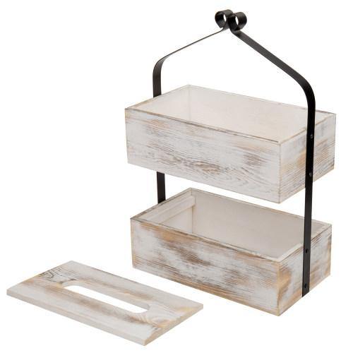 Whitewashed Wood & Matte Black Metal Counter-Top Shelf with Tissue Box - MyGift