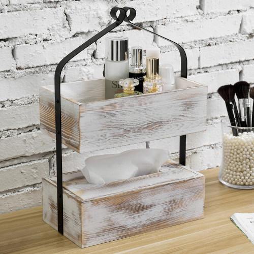 Whitewashed Wood & Matte Black Metal Counter-Top Shelf with Tissue Box