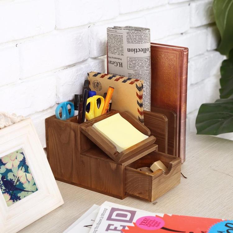 Rustic Wood Desk Accessory Storage Organizer / Mail Sorter / Post It Note Memo Pad Holder - MyGift Enterprise LLC