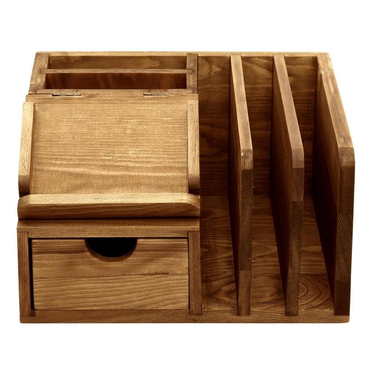 Rustic Wood Desk Accessory Storage Organizer / Mail Sorter / Post It Note Memo Pad Holder - MyGift Enterprise LLC