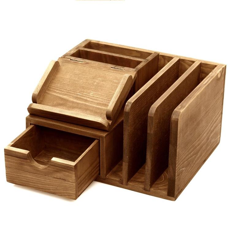 Rustic Wood Desk Accessory Storage Organizer / Mail Sorter / Post It Note Memo Pad Holder - MyGift Enterprise LLC