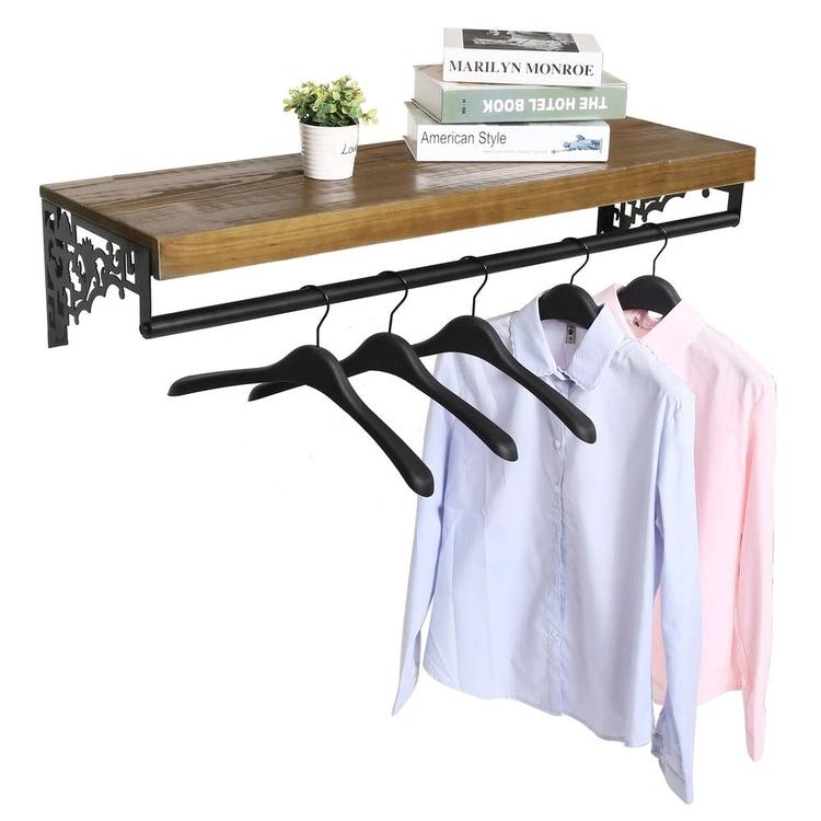 Wall Mounted Wood & Metal Floating Shelf w/ Garment Hanger Rod, Brown - MyGift Enterprise LLC