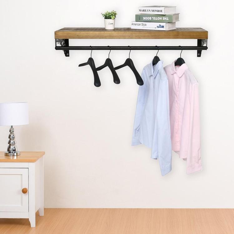 Wood & Metal Floating Shelf w/ Garment Hanger Rod, Brown