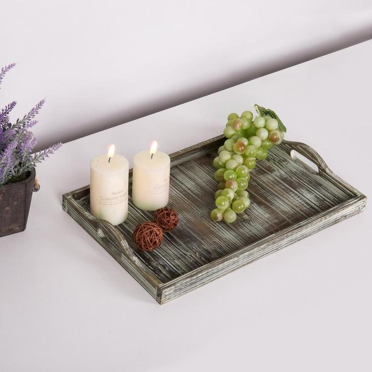 Rustic Torched Wood Breakfast Serving Tray with Cutout Handles, Brown - MyGift Enterprise LLC