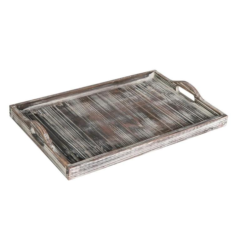Rustic Torched Wood Breakfast Serving Tray with Cutout Handles, Brown - MyGift Enterprise LLC