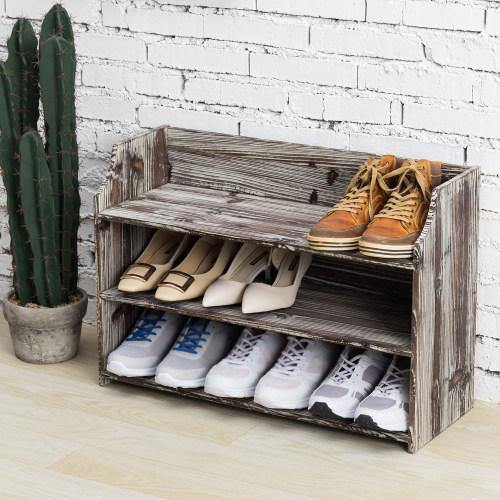 Rustic Torched Wood Shoe Rack