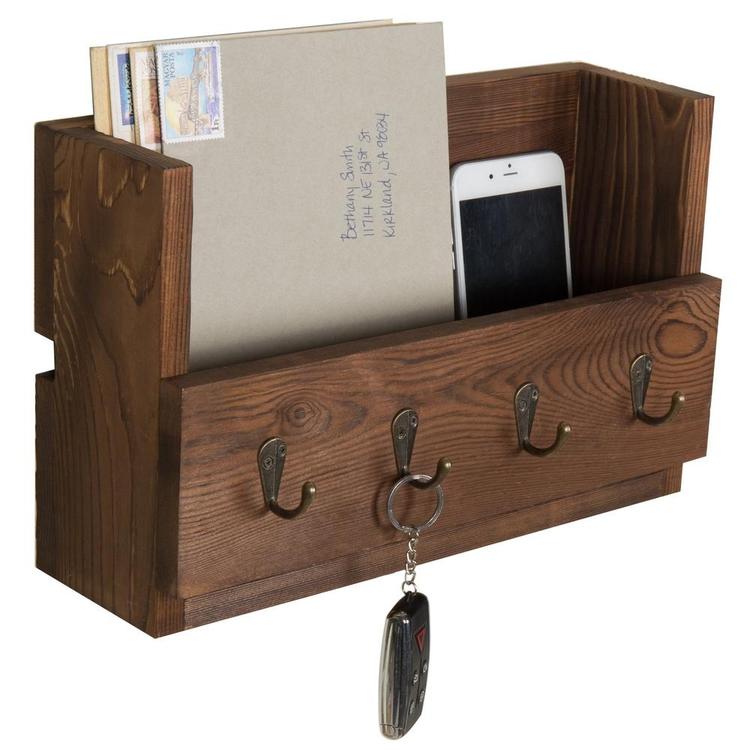 4-Hook Rustic Wood Wall-Mounted Key & Letter Organizer Rack - MyGift Enterprise LLC