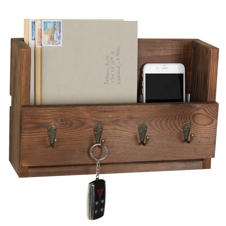 4-Hook Rustic Wood Wall-Mounted Key & Letter Organizer Rack - MyGift Enterprise LLC