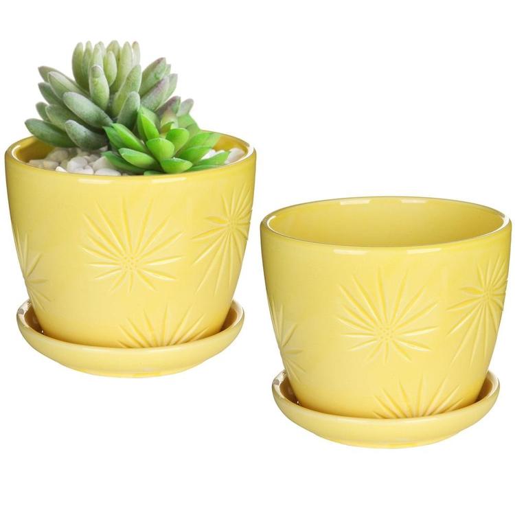 Yellow Sunburst Design Ceramic Flower Planter Pots with Saucers, Set of 2 - MyGift Enterprise LLC