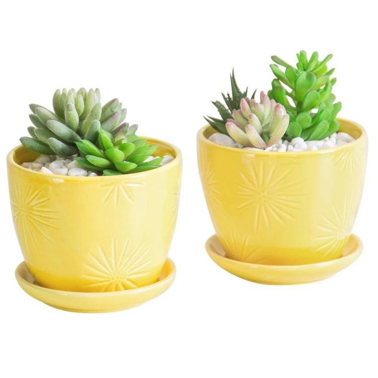 Yellow Sunburst Design Ceramic Flower Planter Pots with Saucers, Set of 2 - MyGift Enterprise LLC