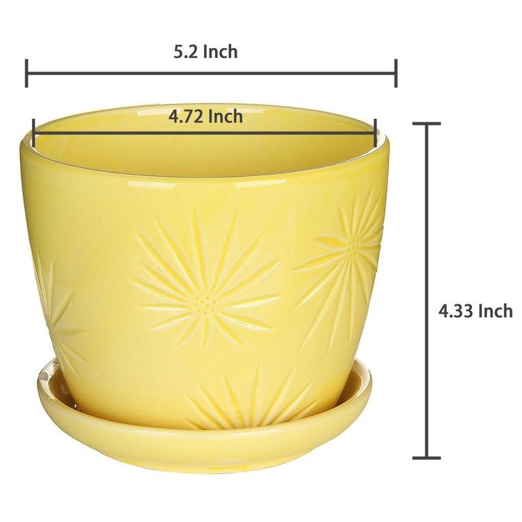 Yellow Sunburst Design Ceramic Flower Planter Pots with Saucers, Set of 2 - MyGift Enterprise LLC