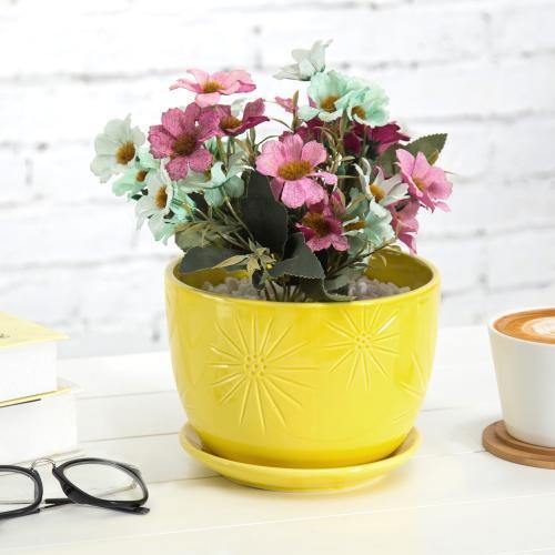 Yellow Sunburst Ceramic Pot with Saucer - MyGift