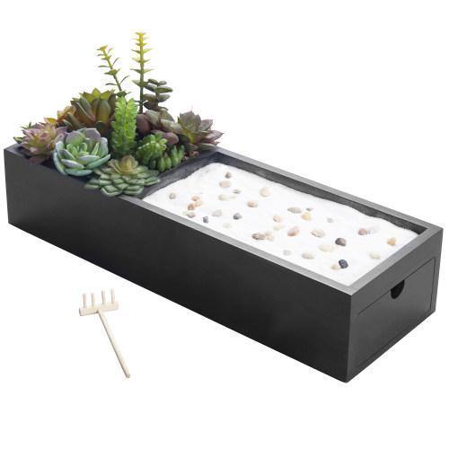 Zen Garden & Artificial Succulent Plants with Black Wood Storage Drawer - MyGift