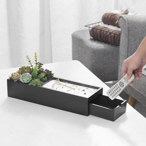 Zen Garden & Artificial Succulent Plants with Black Wood Storage Drawer - MyGift