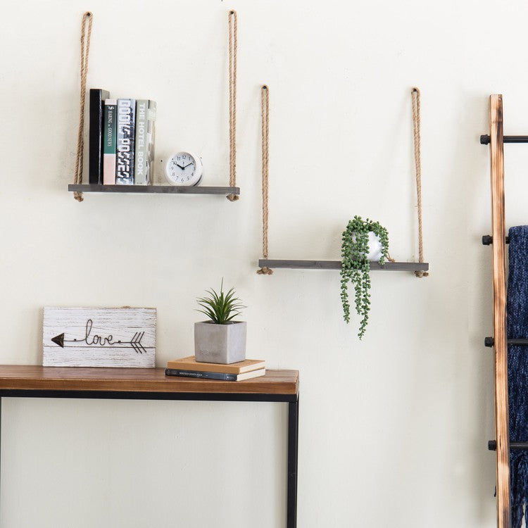 Distressed Wood Hanging Shelves, Set of 2, Grey-MyGift