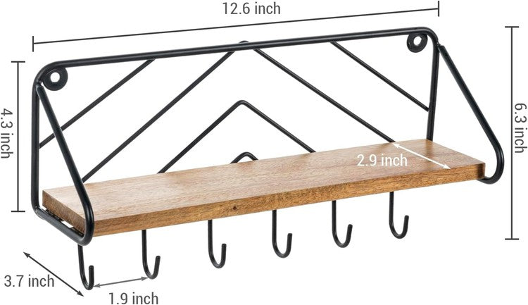 13 Inch Premium Solid Acacia Wood Entryway Key Rack Holder with 6 Hooks and Chevron Pattern Design-MyGift