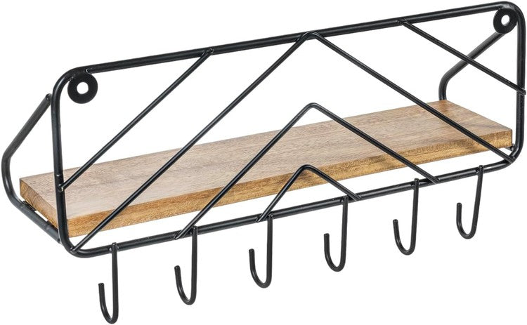 13 Inch Premium Solid Acacia Wood Entryway Key Rack Holder with 6 Hooks and Chevron Pattern Design-MyGift