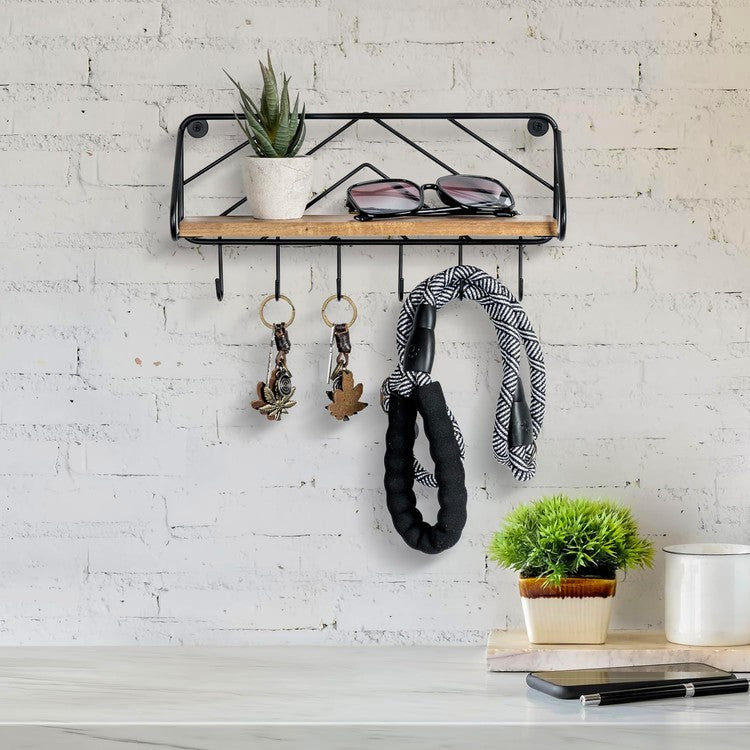 13 Inch Premium Solid Acacia Wood Entryway Key Rack Holder with 6 Hooks and Chevron Pattern Design-MyGift