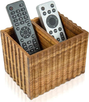 Fluted Acacia Wood Remote Control Holder – 2-Compartment Wooden Organizer Box for Living Room, Desk and Office Storage