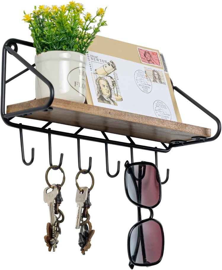 13 Inch Premium Solid Acacia Wood Entryway Key Rack Holder with 6 Hooks and Chevron Pattern Design-MyGift