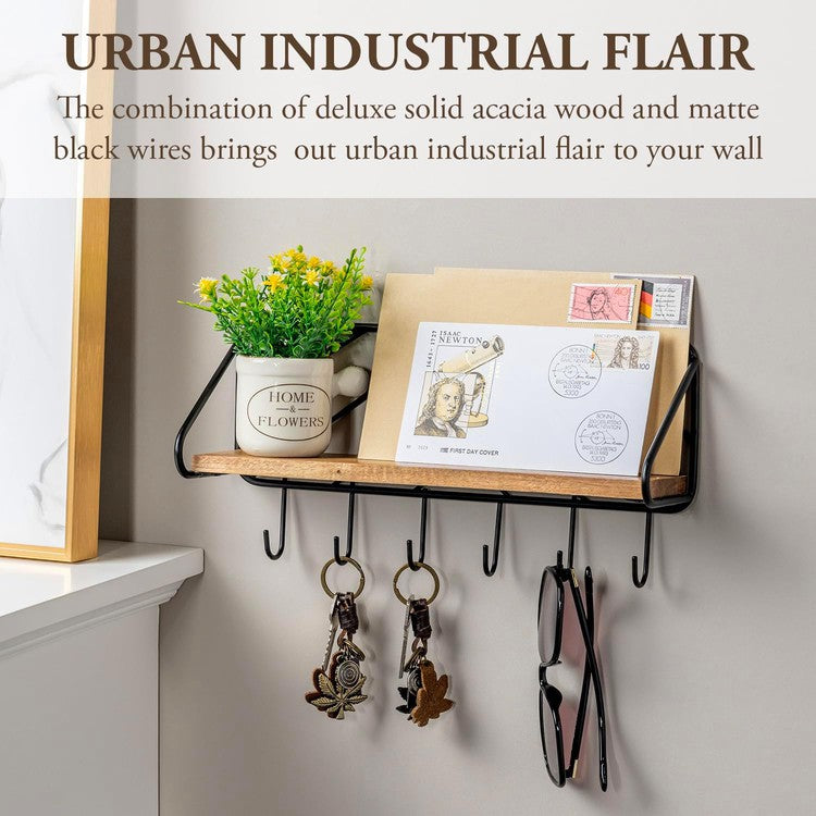 13 Inch Premium Solid Acacia Wood Entryway Key Rack Holder with 6 Hooks and Chevron Pattern Design-MyGift