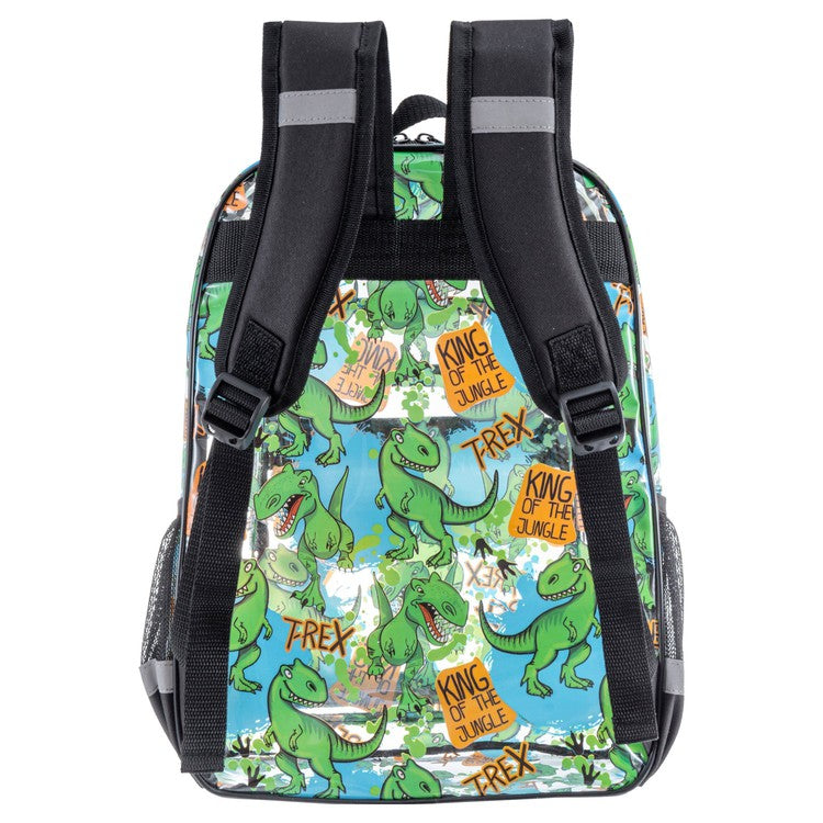 16 Inch Clear PVC School Backpack with Green Dinosaur Pattern and Black Trim-MyGift